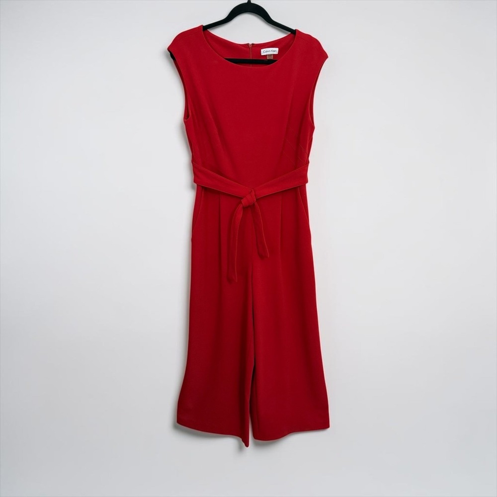 Calvin Klein Red Sleeveless Wide Leg Belted Jumpsuit Size 10 Culotte‎ Pockets